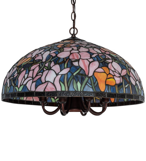 Meyda Lighting Tiffany Magnolia 22" 9-Light Mahogany Bronze Pendant Light With Multi-Colored Shade Glass