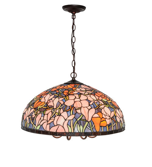 Meyda Lighting Tiffany Magnolia 22" 9-Light Mahogany Bronze Pendant Light With Multi-Colored Shade Glass