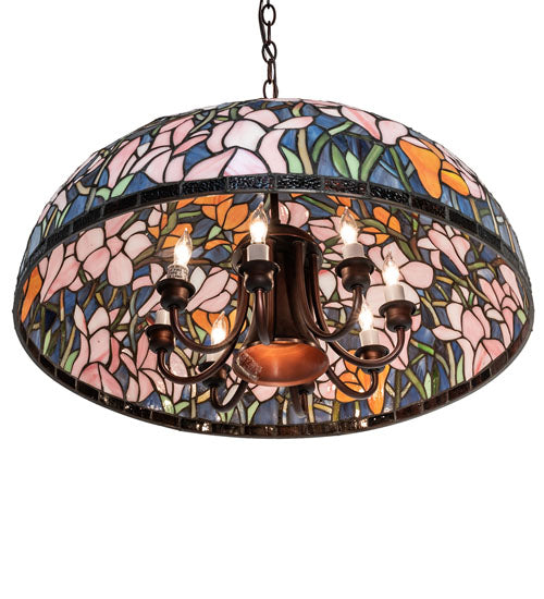 Meyda Lighting Tiffany Magnolia 22" 9-Light Mahogany Bronze Pendant Light With Multi-Colored Shade Glass