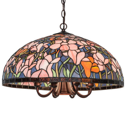 Meyda Lighting Tiffany Magnolia 22" 9-Light Mahogany Bronze Pendant Light With Multi-Colored Shade Glass