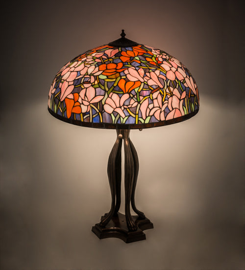 Meyda Lighting Tiffany Magnolia 32" 3-Light Mahogany Bronze Table Lamp With Multi-Colored Shade Glass