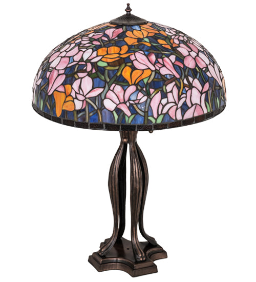 Meyda Lighting Tiffany Magnolia 32" 3-Light Mahogany Bronze Table Lamp With Multi-Colored Shade Glass