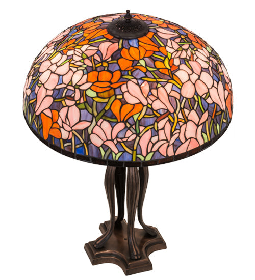 Meyda Lighting Tiffany Magnolia 32" 3-Light Mahogany Bronze Table Lamp With Multi-Colored Shade Glass