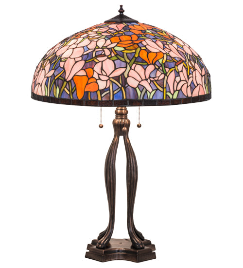 Meyda Lighting Tiffany Magnolia 32" 3-Light Mahogany Bronze Table Lamp With Multi-Colored Shade Glass
