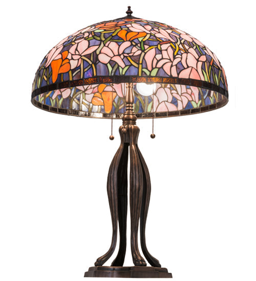 Meyda Lighting Tiffany Magnolia 32" 3-Light Mahogany Bronze Table Lamp With Multi-Colored Shade Glass