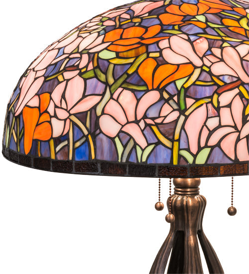 Meyda Lighting Tiffany Magnolia 32" 3-Light Mahogany Bronze Table Lamp With Multi-Colored Shade Glass