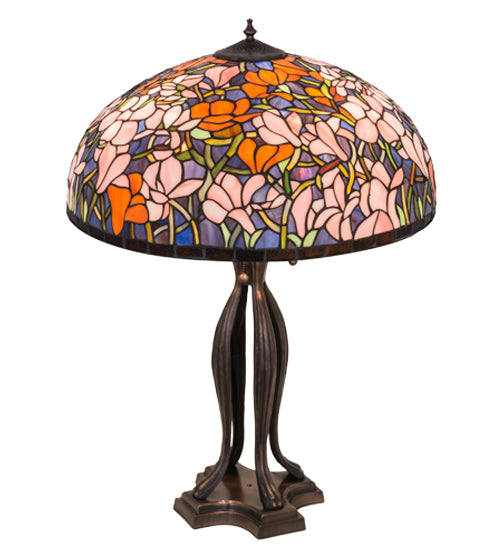 Meyda Lighting Tiffany Magnolia 32" 3-Light Mahogany Bronze Table Lamp With Multi-Colored Shade Glass