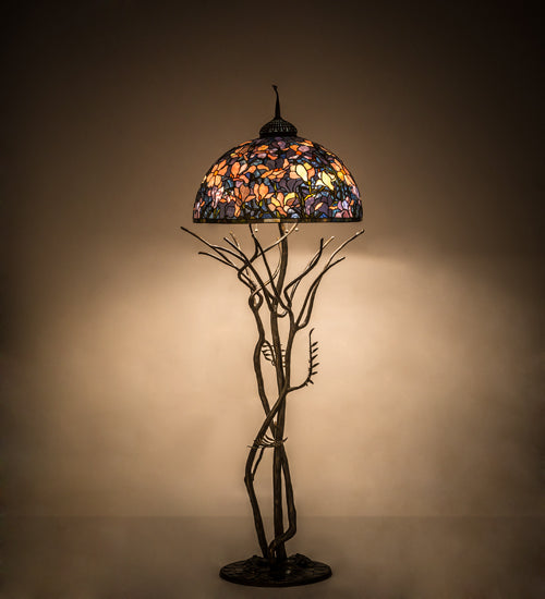 Meyda Lighting Tiffany Magnolia 75" 3-Light Antique Floor Lamp With Multi-Colored Shade Glass