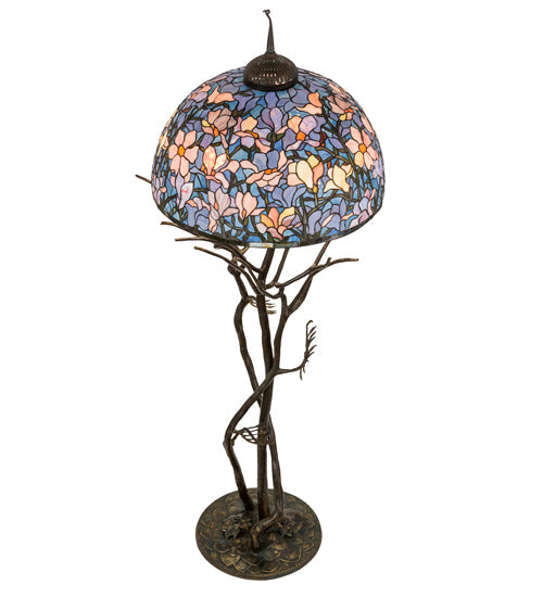 Meyda Lighting Tiffany Magnolia 75" 3-Light Antique Floor Lamp With Multi-Colored Shade Glass