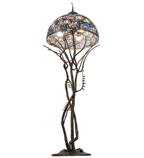 Meyda Lighting Tiffany Magnolia 75" 3-Light Antique Floor Lamp With Multi-Colored Shade Glass