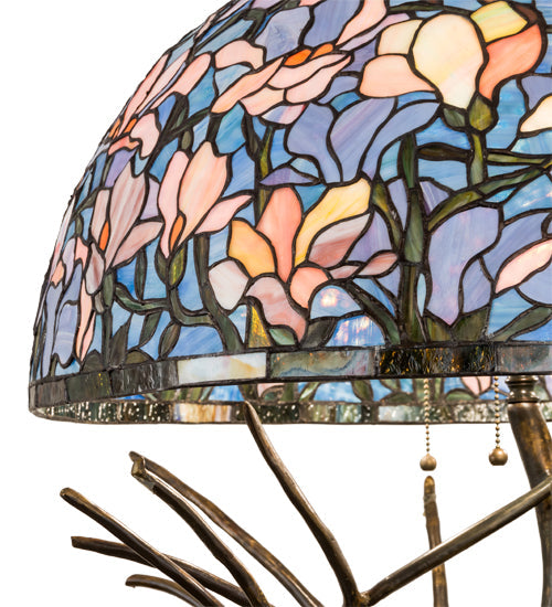 Meyda Lighting Tiffany Magnolia 75" 3-Light Antique Floor Lamp With Multi-Colored Shade Glass