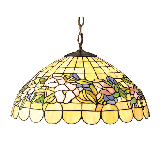 Meyda Lighting Tiffany Pansy 20" 3-Light Mahogany Bronze Pendant Light With Multi-Colored Stained Shade Glass