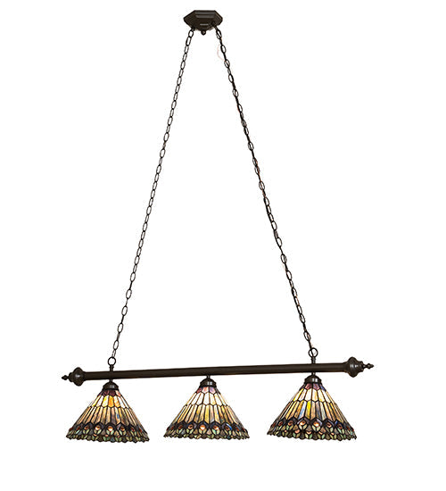 Meyda Lighting Tiffany Peacock 47" 3-Light Mahogany Bronze Island Pendant Light With Multi-Colored Shade Glass