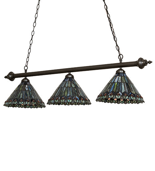 Meyda Lighting Tiffany Peacock 47" 3-Light Mahogany Bronze Island Pendant Light With Multi-Colored Shade Glass