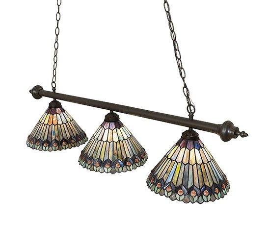 Meyda Lighting Tiffany Peacock 47" 3-Light Mahogany Bronze Island Pendant Light With Multi-Colored Shade Glass