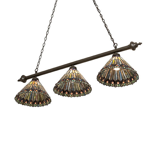Meyda Lighting Tiffany Peacock 47" 3-Light Mahogany Bronze Island Pendant Light With Multi-Colored Shade Glass