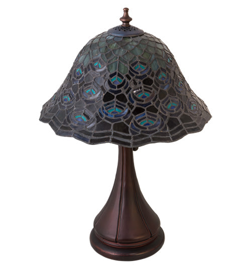 Meyda Lighting Tiffany Peacock Feather 12" Mahogany Bronze Accent Table Lamp With Multi-Colored Shade Glass