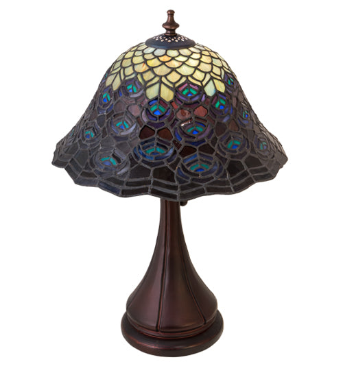 Meyda Lighting Tiffany Peacock Feather 12" Mahogany Bronze Accent Table Lamp With Multi-Colored Shade Glass