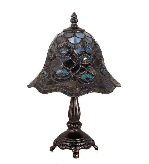 Meyda Lighting Tiffany Peacock Feather 14" Mahogany Bronze Mini Table Lamp With Multi-Colored Shade Glass