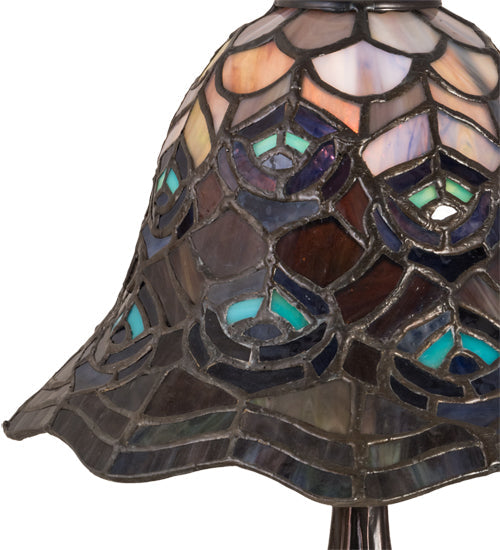 Meyda Lighting Tiffany Peacock Feather 14" Mahogany Bronze Mini Table Lamp With Multi-Colored Shade Glass