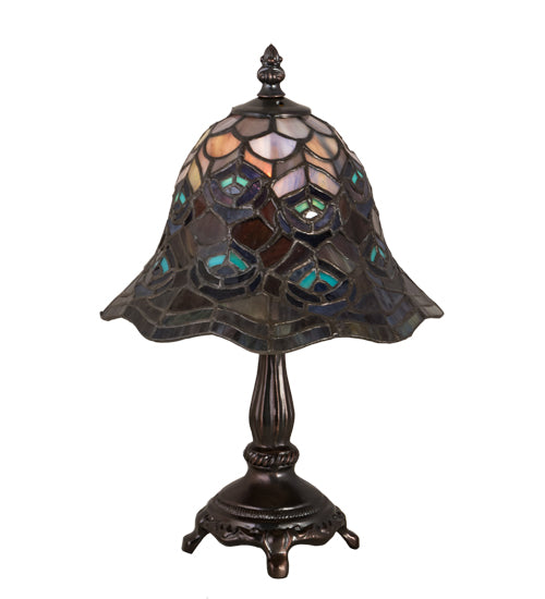 Meyda Lighting Tiffany Peacock Feather 14" Mahogany Bronze Mini Table Lamp With Multi-Colored Shade Glass