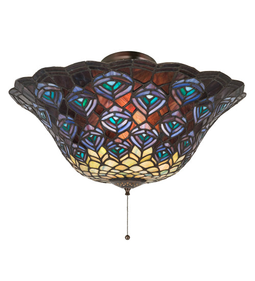 Meyda Lighting Tiffany Peacock Feather 16" Mahogany Bronze Flush Mount Light With Multi-Colored Shade Glass