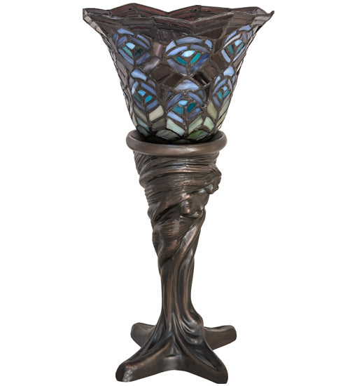 Meyda Lighting Tiffany Peacock Feather 16" Mahogany Bronze Mini Table Lamp With Multi-Colored Stained Shade Glass