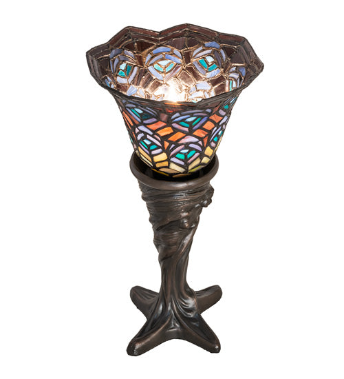 Meyda Lighting Tiffany Peacock Feather 16" Mahogany Bronze Mini Table Lamp With Multi-Colored Stained Shade Glass