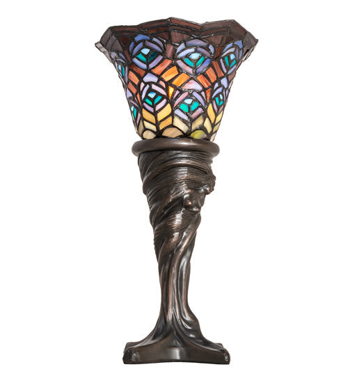 Meyda Lighting Tiffany Peacock Feather 16" Mahogany Bronze Mini Table Lamp With Multi-Colored Stained Shade Glass