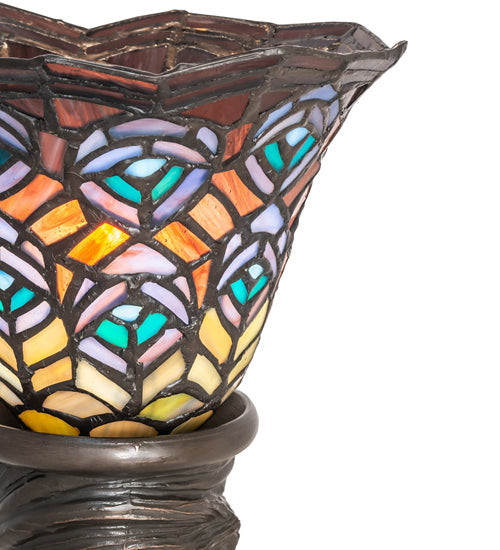 Meyda Lighting Tiffany Peacock Feather 16" Mahogany Bronze Mini Table Lamp With Multi-Colored Stained Shade Glass