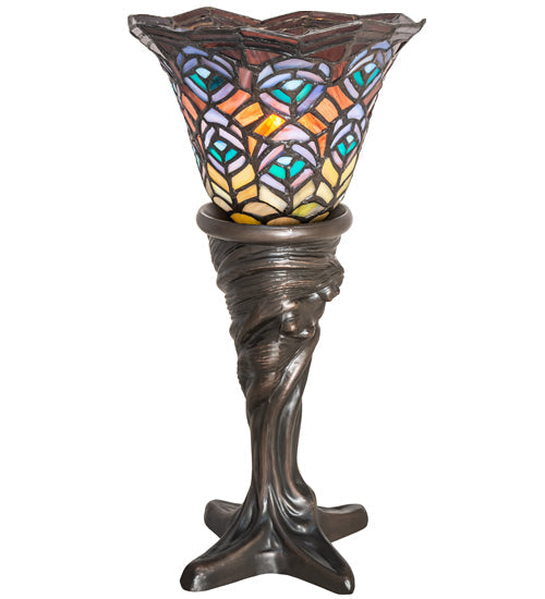Meyda Lighting Tiffany Peacock Feather 16" Mahogany Bronze Mini Table Lamp With Multi-Colored Stained Shade Glass