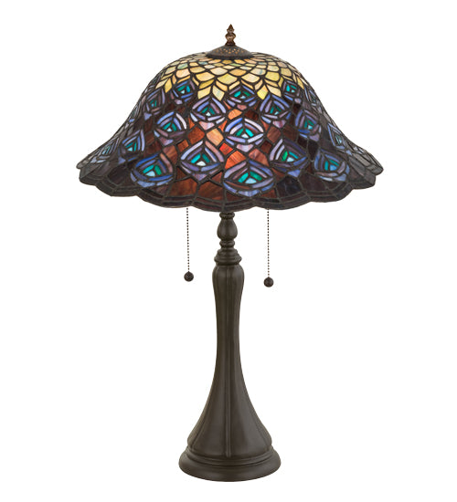 Meyda Lighting Tiffany Peacock Feather 22" 2-Light Mahogany Bronze Table Lamp With Multi-Colored Shade Glass