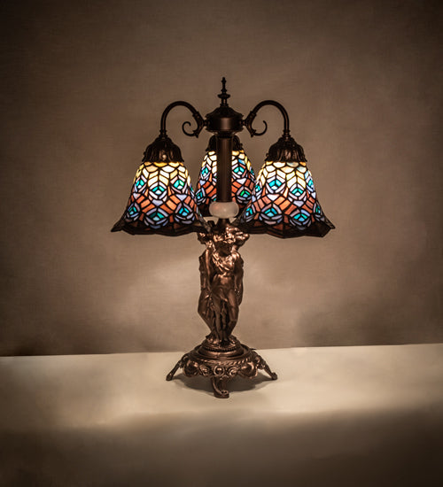 Meyda Lighting Tiffany Peacock Feather 23" 3-Light Mahogany Bronze Table Lamp With Multi-Colored Shade Glass