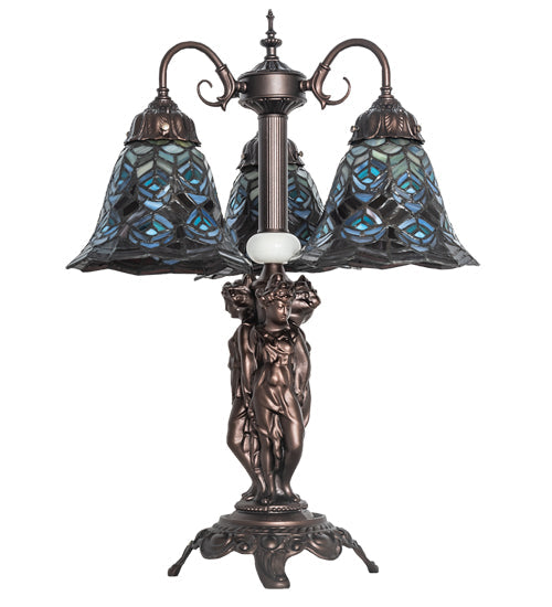Meyda Lighting Tiffany Peacock Feather 23" 3-Light Mahogany Bronze Table Lamp With Multi-Colored Shade Glass