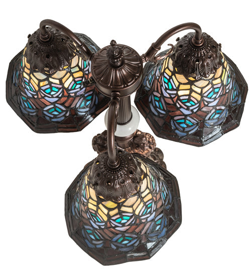 Meyda Lighting Tiffany Peacock Feather 23" 3-Light Mahogany Bronze Table Lamp With Multi-Colored Shade Glass