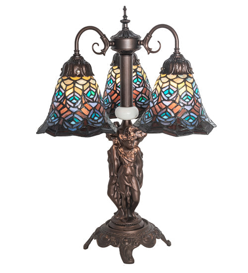 Meyda Lighting Tiffany Peacock Feather 23" 3-Light Mahogany Bronze Table Lamp With Multi-Colored Shade Glass