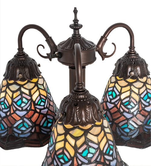 Meyda Lighting Tiffany Peacock Feather 23" 3-Light Mahogany Bronze Table Lamp With Multi-Colored Shade Glass