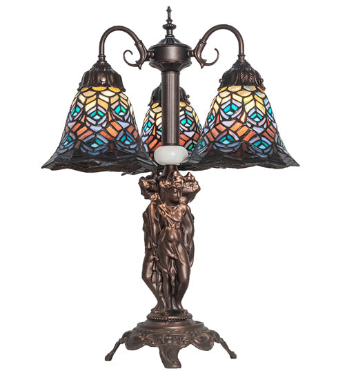 Meyda Lighting Tiffany Peacock Feather 23" 3-Light Mahogany Bronze Table Lamp With Multi-Colored Shade Glass