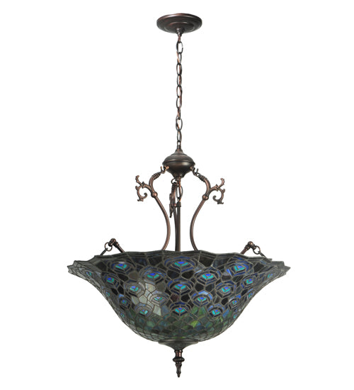 Meyda Lighting Tiffany Peacock Feather 24" 3-Light Mahogany Bronze Inverted Pendant Light With Multi-Colored Stained Shade Glass