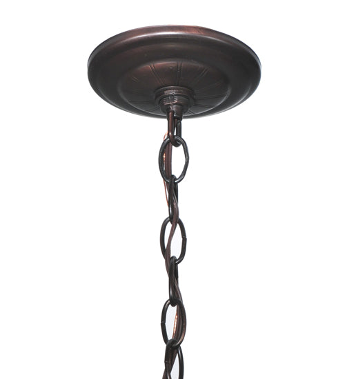 Meyda Lighting Tiffany Peacock Feather 24" 3-Light Mahogany Bronze Inverted Pendant Light With Multi-Colored Stained Shade Glass