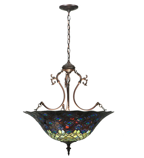 Meyda Lighting Tiffany Peacock Feather 24" 3-Light Mahogany Bronze Inverted Pendant Light With Multi-Colored Stained Shade Glass