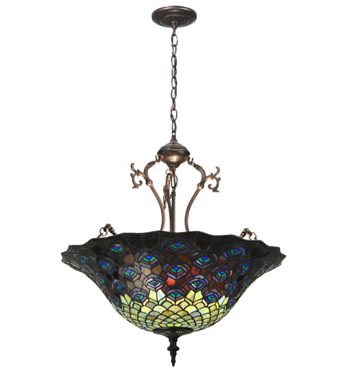 Meyda Lighting Tiffany Peacock Feather 24" 3-Light Mahogany Bronze Inverted Pendant Light With Multi-Colored Stained Shade Glass