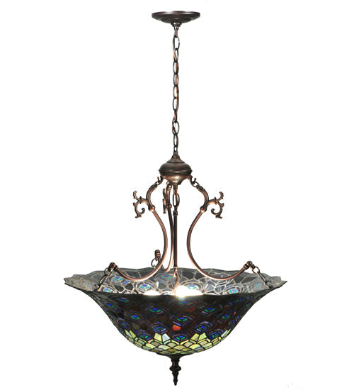 Meyda Lighting Tiffany Peacock Feather 24" 3-Light Mahogany Bronze Inverted Pendant Light With Multi-Colored Stained Shade Glass