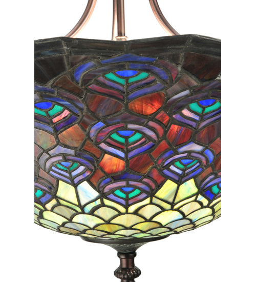 Meyda Lighting Tiffany Peacock Feather 24" 3-Light Mahogany Bronze Inverted Pendant Light With Multi-Colored Stained Shade Glass