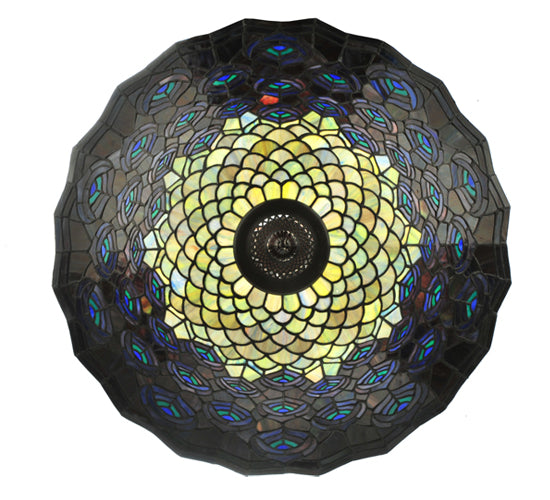 Meyda Lighting Tiffany Peacock Feather 24" 3-Light Mahogany Bronze Inverted Pendant Light With Multi-Colored Stained Shade Glass