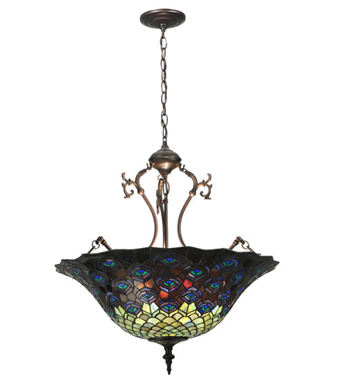 Meyda Lighting Tiffany Peacock Feather 24" 3-Light Mahogany Bronze Inverted Pendant Light With Multi-Colored Stained Shade Glass