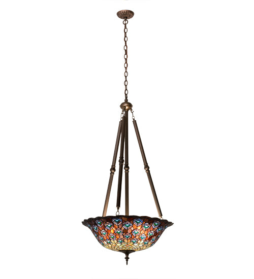 Meyda Lighting Tiffany Peacock Feather 24" 4-Light Mahogany Bronze Inverted Pendant Light With Multi-Colored Stained Shade Glass