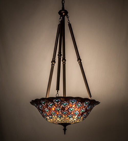 Meyda Lighting Tiffany Peacock Feather 24" 4-Light Mahogany Bronze Inverted Pendant Light With Multi-Colored Stained Shade Glass