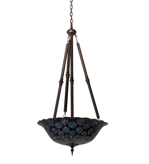 Meyda Lighting Tiffany Peacock Feather 24" 4-Light Mahogany Bronze Inverted Pendant Light With Multi-Colored Stained Shade Glass