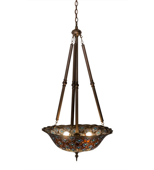 Meyda Lighting Tiffany Peacock Feather 24" 4-Light Mahogany Bronze Inverted Pendant Light With Multi-Colored Stained Shade Glass